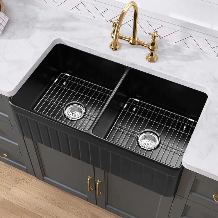 GETPRO Black Farmhouse Sink 33 inch Fireclay Apron Front Farm Sink Large Capacity Deep Double Bowl Kitchen Sinks with Accessories Protective Bottom Grid and Strainer