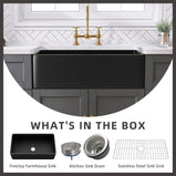 GETPRO Farmhouse Sink 30 Inch Fireclay Matte Black Kitchen Sink Apron Front Large Deep Single Bowl Farm house Sink with Accessaries Stainless Steel Bottom Grid and Kitchen Sink Drain