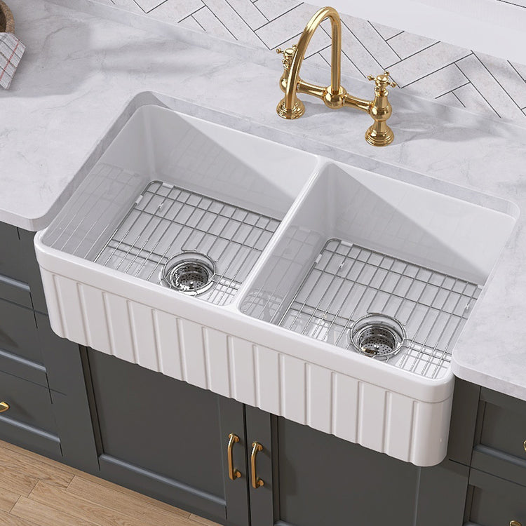 GETPRO Farmhouse Sink Double Bowl 33 x 18 Inch White Kitchen Sink Apron Fireclay Farm Sink Reversible Decor Fluted Undermount Kitchen Sink with Custom Bottom Grid and Sink Strainer
