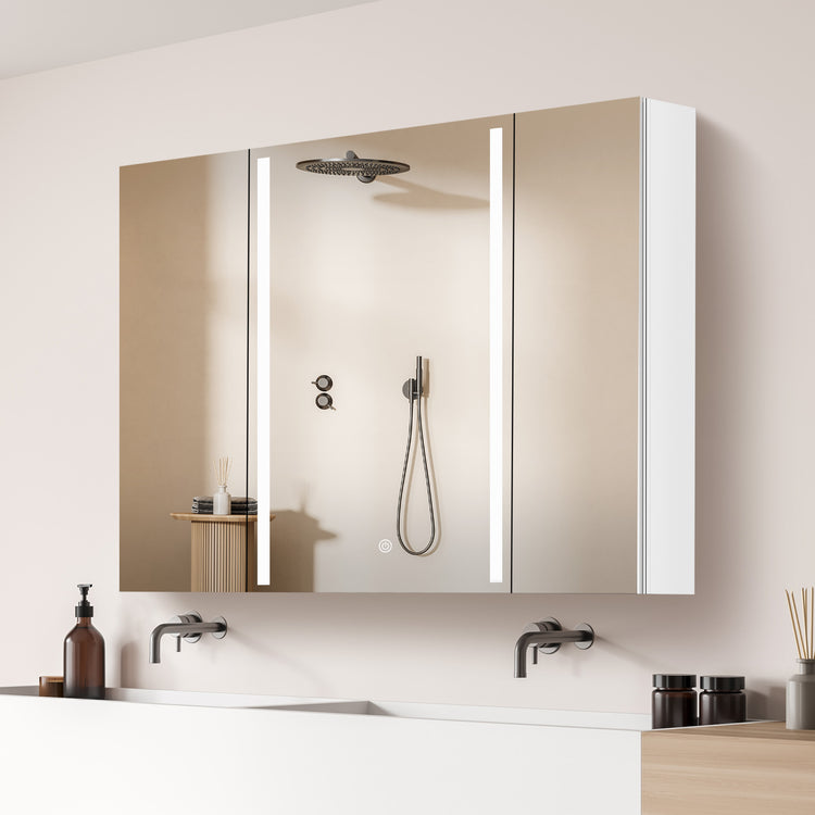 GETPRO Medicine Cabinets 40 W X 30 H LED Medicine Cabinet with Mirror for Bathroom Double Doors Modern 3X Magnifying Mirror Medicine Cabinet with Lights 3 Color Lights Dimmable Brightness