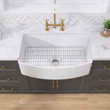 GETPRO White Farmhouse Sink 33 inch Curved Apron Front Farm Sink Fireclay Big Single Bowl Kitchen Sink Arc Shaped Deep Large Capacity with Accessories Protective Bottom Grid and Kitchen Sink Strainer