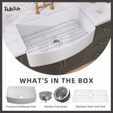 GETPRO White Farmhouse Sink 30 inch Curved Apron Front Farm Sink Fireclay Big Single Bowl Kitchen Sink Arc Shaped Deep Large Capacity with Accessories Protective Bottom Grid and Kitchen Sink Strainer