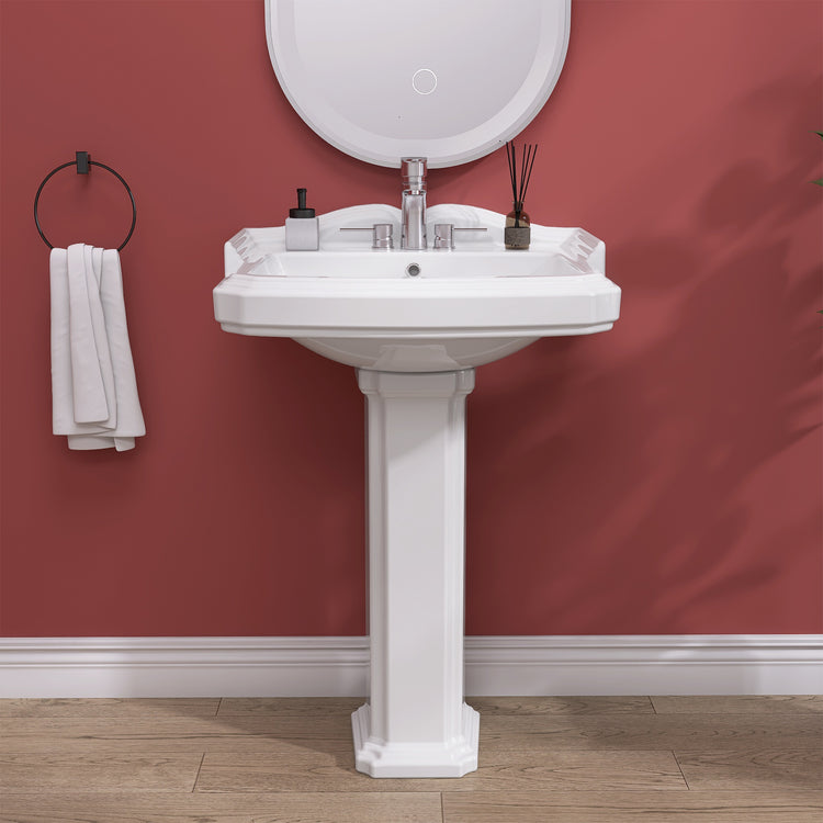 GETPRO Pedestal Sink 35 Inch x 23 Inch Bathroom Pedestal Sink Ceramic Pedestal Sink For Bathroom Glossy White Pedestal Sink Bath Pedestal Sink Combo Rectangle American Standard