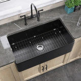 GETPRO Farmhouse Sink 30 Inch Fireclay Farm Black Kitchen Sink Apron Front Large Deep Porcelain Single Bowl with Modern Style Protective Bottom Grid and Kitchen Sink Drain