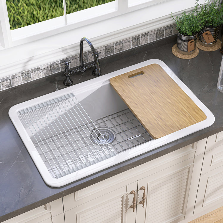GETPRO White Kitchen Sink 33 X22 Fireclay Undermount Workstation Sink Drop In Kitchen Sink Large Deep Modern Sink with Accessaries Bottom Grid and Kitchen Sink Drain