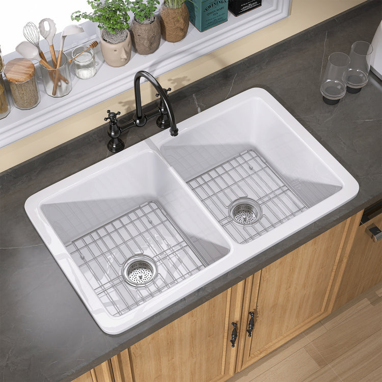 GETPRO Drop in Kitchen Sink 32 X 19 Topmount & Undermount Kitchen Sink Dual Mount White Kitchen Sink Double Bowl Fireclay Farmhouse Kitchen Sinks with Modern Accessory Kit