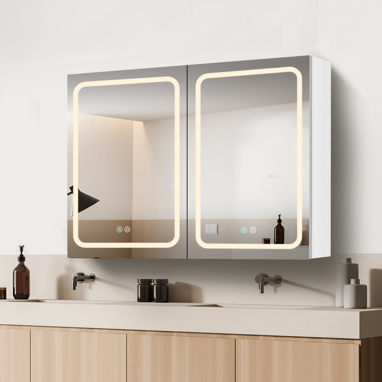GETPRO LED Mirror Lighted Medicine Cabinet 40x30 inch Double Door Bathroom Medicine Cabinets with Lights Large Capacity Surface Wall Mounted with Defogger 3 Color Adjustable Lighting Dimmer Aluminum