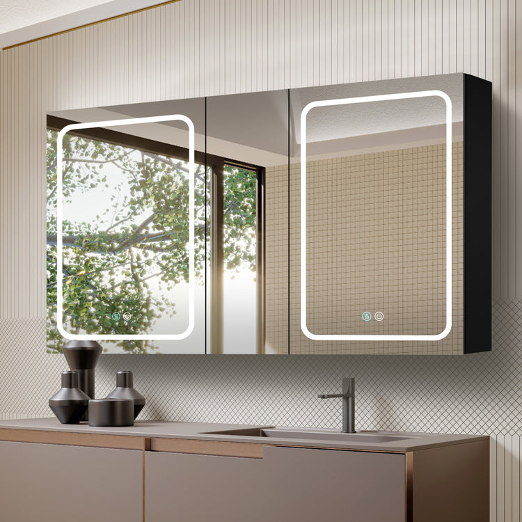 GETPRO Lighted Medicine Cabinets 50x30 inch LED Medicine Cabinet Mirror for Bathroom Black Aluminum Surface Mount Anti-fogger Function 3 Color Temperature Adjustable Brightness