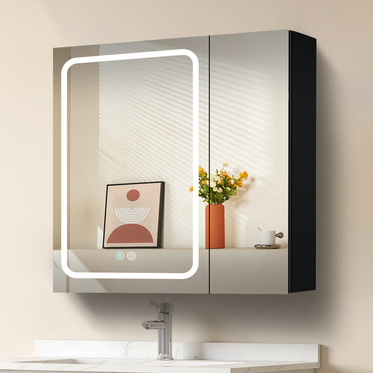 GETPRO 30x30 inch Lighted Medicine Cabinets LED Medicine Cabinet Mirror for Bathroom Black Aluminum Surface Mount Anti-fogger Function 3 Color Temperature Adjustable Brightness