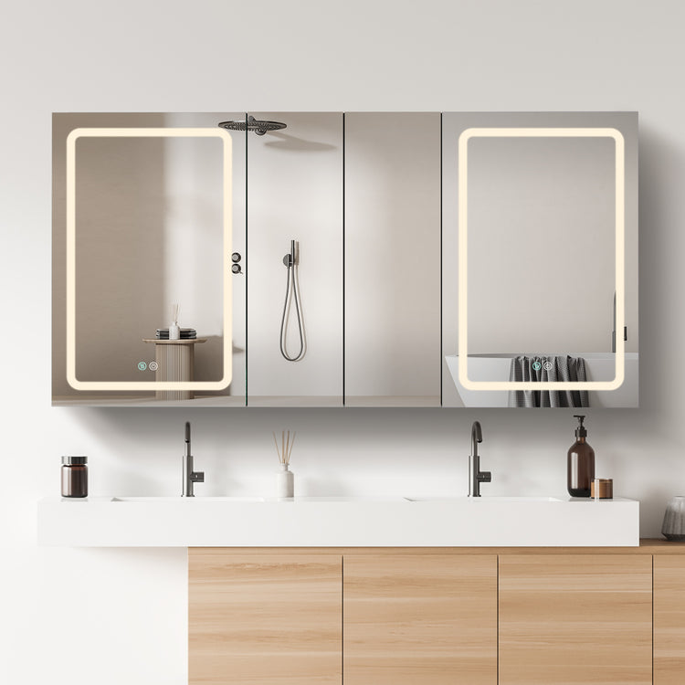 GETPRO Lighted Medicine Cabinets 60x30 inch LED Medicine Cabinet Mirror for Bathroom White Aluminum Surface Mount Anti-fogger Function 3 Color Temperature Adjustable Brightness
