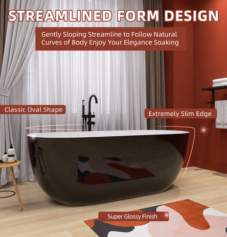 GETPRO Freestanding Bathtub 65 inch - Classic Oval Shaped Acrylic Free standing Tubs, Adjustable Soaking Tub with Linear Slotted Overflow and Removable Chrome Drain 65x29.5 Inch Glossy Black