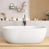 GETPRO Freestanding Bathtub 55 inch - Classic Oval Shaped Acrylic Free standing Tubs, Adjustable Soaking Tub with Linear Slotted Overflow and Removable Chrome Drain 55x29.5 Inch Glossy White
