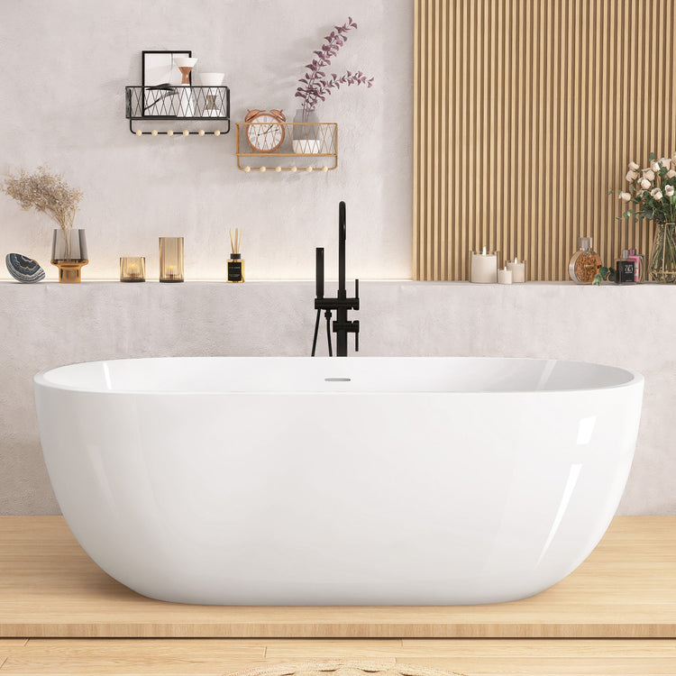 GETPRO Freestanding Bathtub 55 inch - Classic Oval Shaped Acrylic Free standing Tubs, Adjustable Soaking Tub with Linear Slotted Overflow and Removable Chrome Drain 55x29.5 Inch Glossy White