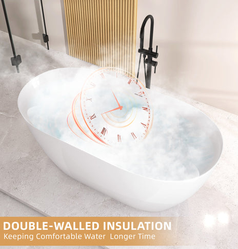 GETPRO Free Standing Tub Acrylic 55inch Curve Edge Freestanding Bathtub Adjustable Soaking Tub Alone with Integrated Slotted Overflow and Removable Chrome Drain Anti-clogging Glossy White