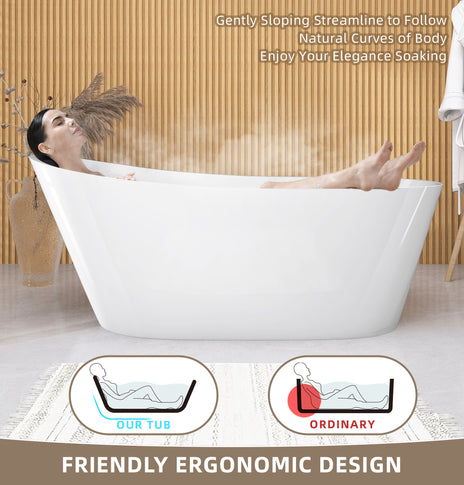 GETPRO Free Standing Tub 59 inch Oval Shape Acrylic Freestanding Bathtub Adjustable Alone Soaking Tub with Integrated Slotted Overflow and Chrome Pop-up Drain Anti-clogging Glossy White