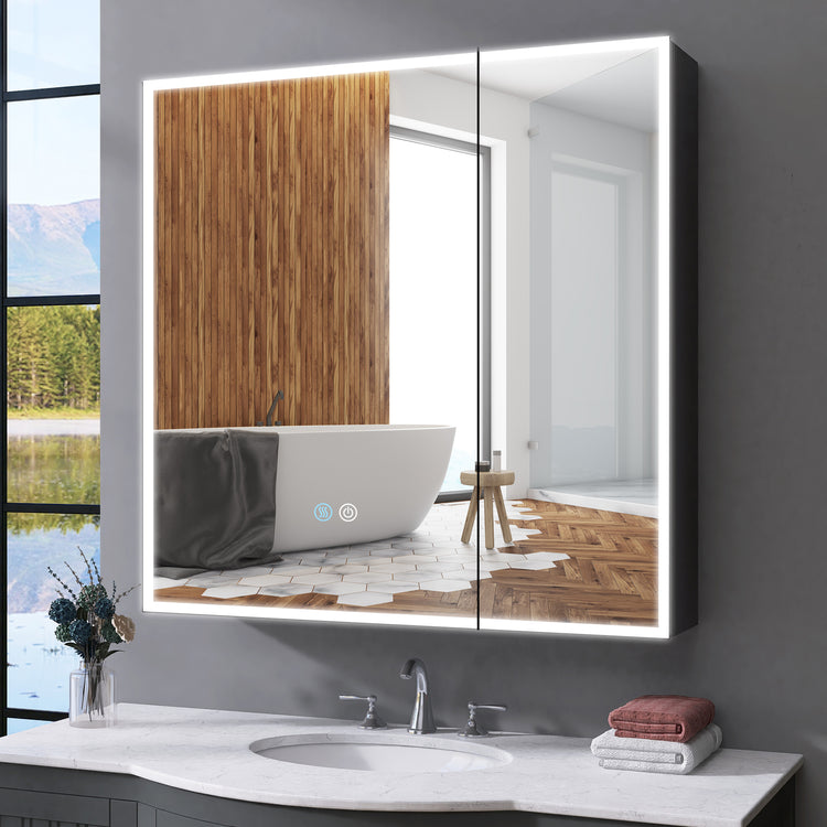 GETPRO LED Lighted Medicine Cabinet with Mirror for Bathroom 30x30 Double Door Surface Wall Mount Flip-Out Magnifying Mirror Door Storage Defogger 3 Color Lighting Dimmer Medicine Cabinets Black