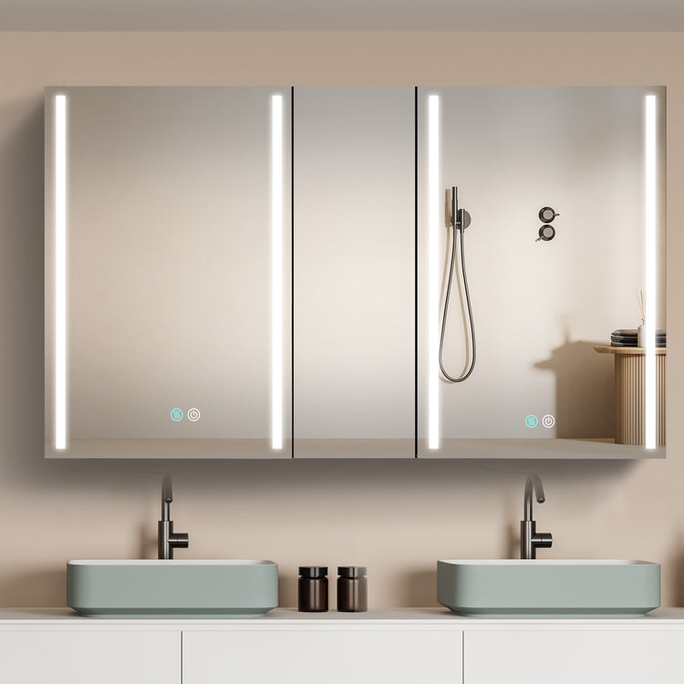 GETPRO Medicine Cabinets 50 WX30 H Lighted LED Mirror Medicine Cabinet for Bathroom Three Doors Modern Medicine Cabinet with Lights Anti-fogger 3 Color Lights Dimmable Brightness