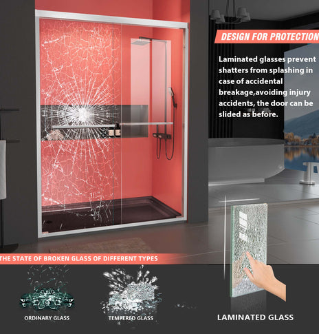 GETPRO Shower Door 68-72"W X 76"H Brushed Nickel with Safety Certified Laminated Clear Tempered Glass Double Sliding Glass Shower Doors Smooth Bypass Sliding Open and Close