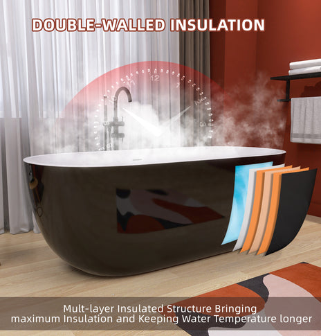 GETPRO Freestanding Bathtub 55 inch Classic Oval Shaped Acrylic Free standing Tubs, Adjustable Soaking Tub with Linear Slotted Overflow and Removable Chrome Drain 55x29.5 Inch Glossy Black