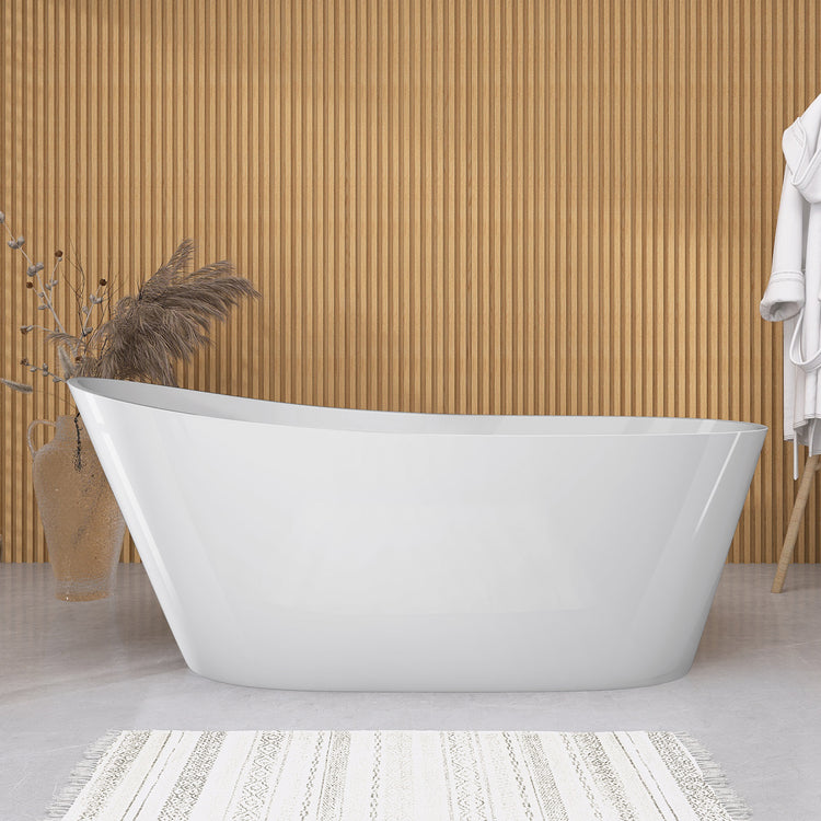 GETPRO Free Standing Tub 59 inch Oval Shape Acrylic Freestanding Bathtub Adjustable Alone Soaking Tub with Integrated Slotted Overflow and Chrome Pop-up Drain Anti-clogging Glossy White