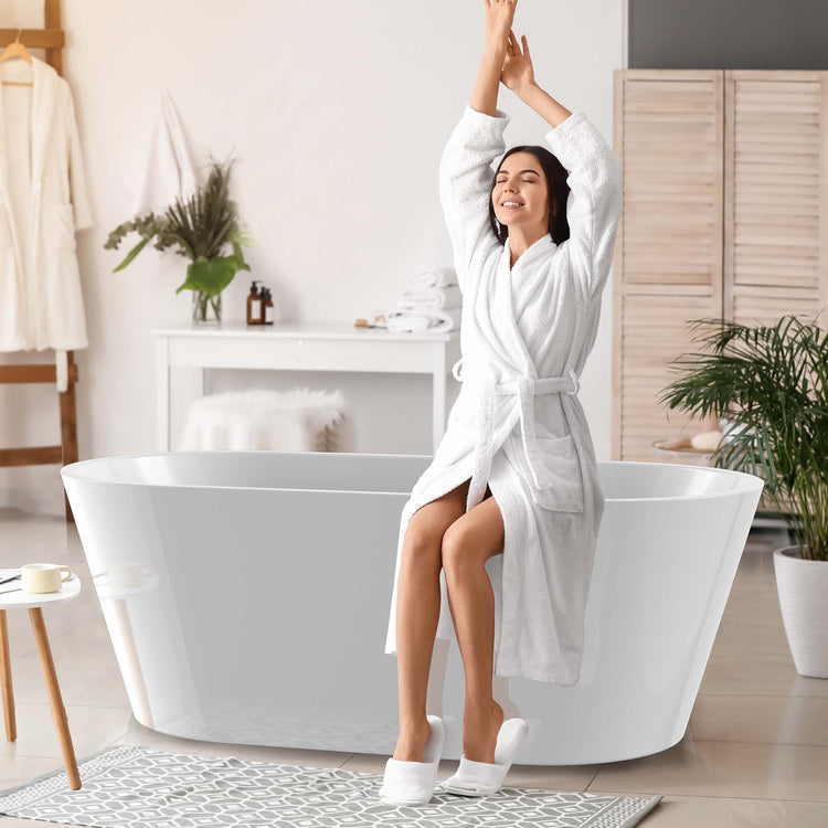 GETPRO Acrylic Freestanding Bathtub 67 inch Classic Oval Shape Soaking Tub Adjustable Free Standing Tub with Integrated Slotted Overflow and Chrome Pop-up Drain Anti-clogging Glossy White