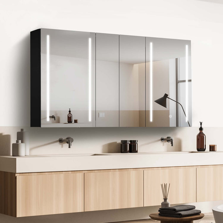 Getpro 60X30 Medicine Cabinets LED Lighted Bathroom Medicine Cabinet with Anti-fogger 3 Color Lights Dimmable Brightness Oversized Modern Medicine Cabinet Black Alumimum Waterproof