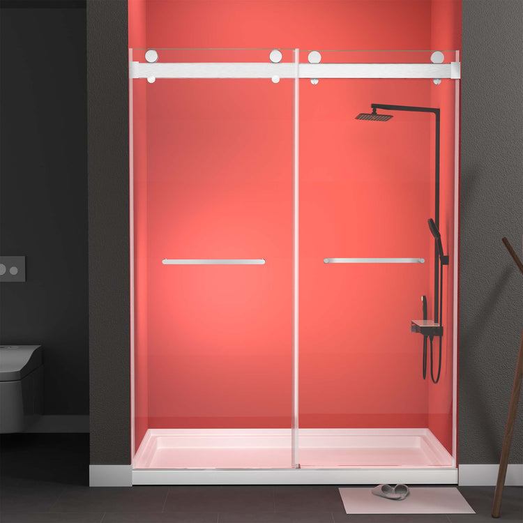 GETPRO Shower Door 68-72"W x 79"H 3/8 inch Shatterproof Tempered Glass Double Sliding Glass Shower Doors with Soft Close and Anti-Jumping Noiseless Smooth & Width Adjustable Brushed Nickel