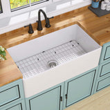 GETPRO White Farmhouse Sink 33 inch Fireclay Apron Front Farm Sink Large Capacity Deep Single Bowl Kitchen Sinks with Accessories Protective Bottom Grid and Strainer