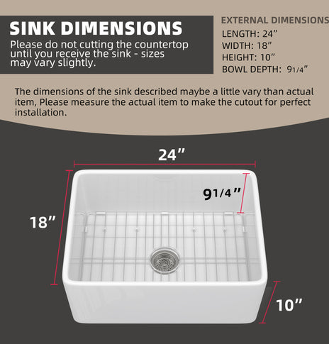 GETPRO Farmhouse Sink 24 Inch Fireclay Farm White Kitchen Sink Apron Front Large Deep Porcelain Single Bowl with Modern Style Protective Bottom Grid and Kitchen Sink Drain