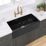 GETPRO Farmhouse Sink 30 Inch Fireclay Matte Black Kitchen Sink Apron Front Large Deep Single Bowl Farm house Sink with Accessaries Stainless Steel Bottom Grid and Kitchen Sink Drain