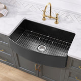 GETPRO Black Farmhouse Sink 33" L X 21" W Fireclay Apron Front Farm Sink Large Capacity Deep Curved Kitchen Sinks with Accessories Protective Bottom Grid and Strainer