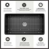 GETPRO Farmhouse Sink 33 Inch Fireclay Matte Black Kitchen Sink Apron Front Large Deep Single Bowl Farm house Sink with Accessaries Stainless Steel Bottom Grid and Kitchen Sink Drain