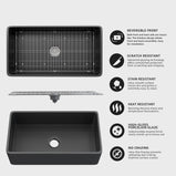 GETPRO Farmhouse Sink 36 Inch Fireclay Matte Black Kitchen Sink Apron Front Large Deep Single Bowl Farm house Sink with Accessaries Stainless Steel Bottom Grid and Kitchen Sink Drain
