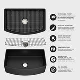 GETPRO Black Farmhouse Sink 33" L X 21" W Fireclay Apron Front Farm Sink Large Capacity Deep Curved Kitchen Sinks with Accessories Protective Bottom Grid and Strainer