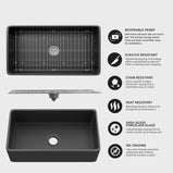 GETPRO Farmhouse Sink 30 Inch Fireclay Matte Black Kitchen Sink Apron Front Large Deep Single Bowl Farm house Sink with Accessaries Stainless Steel Bottom Grid and Kitchen Sink Drain