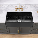 GETPRO Farmhouse Sink 36 Inch Fireclay Matte Black Kitchen Sink Apron Front Large Deep Single Bowl Farm house Sink with Accessaries Stainless Steel Bottom Grid and Kitchen Sink Drain