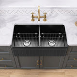 GETPRO Black Farmhouse Sink 33 inch Fireclay Apron Front Farm Sink Large Capacity Deep Double Bowl Kitchen Sinks with Accessories Protective Bottom Grid and Strainer