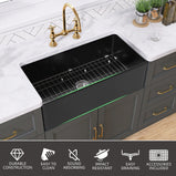 GETPRO Farmhouse Sink 30 Inch Fireclay Matte Black Kitchen Sink Apron Front Large Deep Single Bowl Farm house Sink with Accessaries Stainless Steel Bottom Grid and Kitchen Sink Drain