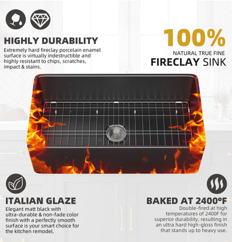 GETPRO Farmhouse Sink 36 Inch Fireclay Matte Black Kitchen Sink Apron Front Large Deep Single Bowl Farm house Sink with Accessaries Stainless Steel Bottom Grid and Kitchen Sink Drain