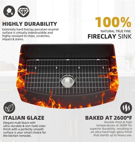 GETPRO Black Farmhouse Sink 33" L X 21" W Fireclay Apron Front Farm Sink Large Capacity Deep Curved Kitchen Sinks with Accessories Protective Bottom Grid and Strainer