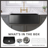 GETPRO Black Farmhouse Sink 33" L X 21" W Fireclay Apron Front Farm Sink Large Capacity Deep Curved Kitchen Sinks with Accessories Protective Bottom Grid and Strainer