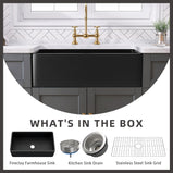 GETPRO Farmhouse Sink 36 Inch Fireclay Matte Black Kitchen Sink Apron Front Large Deep Single Bowl Farm house Sink with Accessaries Stainless Steel Bottom Grid and Kitchen Sink Drain