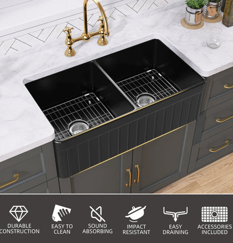 GETPRO Black Farmhouse Sink 33 inch Fireclay Apron Front Farm Sink Large Capacity Deep Double Bowl Kitchen Sinks with Accessories Protective Bottom Grid and Strainer