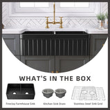 GETPRO Black Farmhouse Sink 33 inch Fireclay Apron Front Farm Sink Large Capacity Deep Double Bowl Kitchen Sinks with Accessories Protective Bottom Grid and Strainer