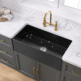 GETPRO Farmhouse Sink 33 Inch Fireclay Matte Black Kitchen Sink Apron Front Large Deep Single Bowl Farm house Sink with Accessaries Stainless Steel Bottom Grid and Kitchen Sink Drain