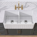 GETPRO Farmhouse Sink Double Bowl 33 x 18 Inch White Kitchen Sink Apron Fireclay Farm Sink Reversible Decor Fluted Undermount Kitchen Sink with Custom Bottom Grid and Sink Strainer