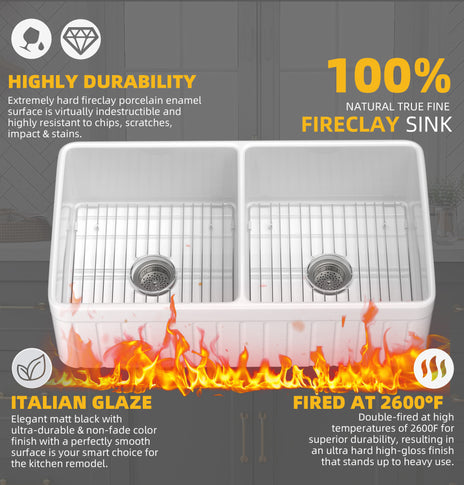 GETPRO Farmhouse Sink Double Bowl 33 x 18 Inch White Kitchen Sink Apron Fireclay Farm Sink Reversible Decor Fluted Undermount Kitchen Sink with Custom Bottom Grid and Sink Strainer