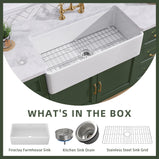 GETPRO White Farmhouse Sink 30 inch Fireclay Apron Front Single Bowl Kitchen Sink Deep Drop In Farm Sink Undermount with Custom Bottom Grid & Strainer Drain