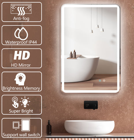 GETPRO 24 in. W x 36 in. H Large Rectangular Frameless Anti-Fog Dimmable Wall Mounted Lighted Bathroom Vanity Mirror in Silver