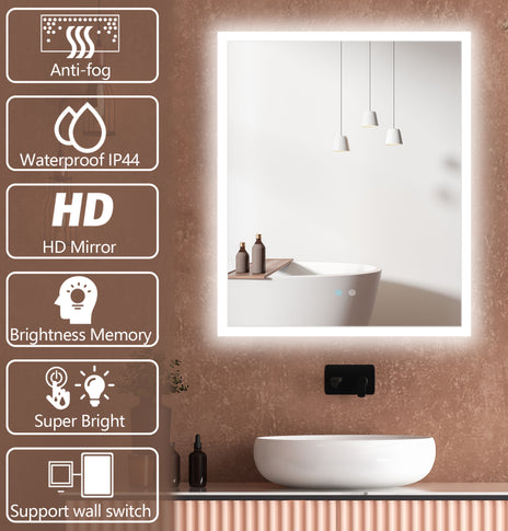 30 in. W x 36 in. H Large Rectangular Frameless Defogger Backlit Wall Mounted LED Light Bathroom Vanity Mirror in Silver